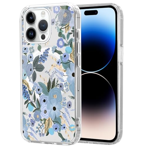 Zrutru Magnetische Hülle für iPhone 16 Pro Max Hülle Floral [Kompatibel mit MagSafe] Niedlich Luxus Blumenmuster Druck Design Schutzhülle Elegante Blumen Cover für Mädchen Frauen Blau Blumen von Zrutru