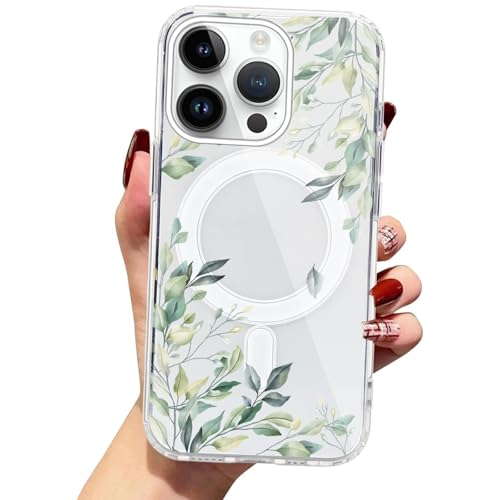 Zrutru Magnetische Schutzhülle für iPhone 14 Pro, 15,5 cm (6,1 Zoll), kompatibel mit Magsafe, süßes ästhetisches Blumenmuster, Handyhülle für Mädchen und Frauen, stoßfest, weich, magnetisch, grünes von Zrutru