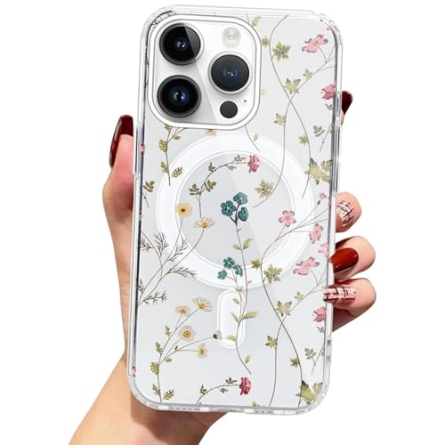 Zrutru Magnetische Schutzhülle für iPhone 15 Pro, 15,5 cm (6,1 Zoll), kompatibel mit Magsafe, niedliches ästhetisches Blumenmuster, Handyhülle für Mädchen und Frauen, stoßfest, weich, magnetisch von Zrutru