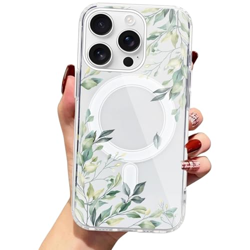 Zrutru Magnetische Schutzhülle für iPhone 16 Pro mit 6,3 Zoll (16 cm), kompatibel mit Magsafe, süßes ästhetisches Blumenmuster, Handyhülle für Mädchen und Frauen, stoßfest, weich, magnetisch, grünes von Zrutru