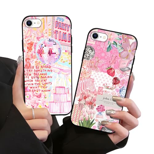 Zrutru Preppy Collage Handyhülle für iPhone SE 2022/SE 2020/8/7, 11,9 cm (4,7 Zoll), süßes Blumendesign, cooles Y2K-Erdbeermuster, für Damen und Mädchen, Schwarz, schlanker Schutz, 2 Stück von Zrutru