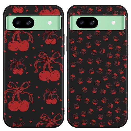 Zrutru Schutzhülle für Google Pixel 8A 15,5 cm (6,1 Zoll), süßes Kawaii-Kirschschleifenmuster, ästhetisches Design, schwarze TPU-Schutzhülle für Mädchen und Frauen, 2 Stück von Zrutru