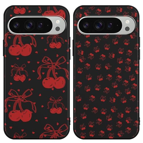 Zrutru Schutzhülle für Google Pixel 9 Pro XL 5G 17,3 cm (6,8 Zoll), süßes Kawaii-Kirschschleifenmuster, ästhetisches Design, schwarze TPU-Schutzhülle für Mädchen und Frauen, 2 Stück von Zrutru