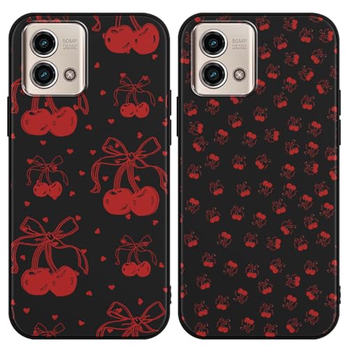 Zrutru Schutzhülle für Motorola Moto G Stylus 5G 2023 16,8 cm (6,6 Zoll), süßes Kawaii-Kirschschleifenmuster, ästhetisches Design, schwarze TPU-Schutzhülle für Mädchen und Frauen, 2 Stück von Zrutru