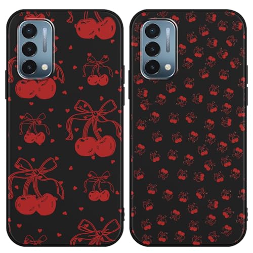 Zrutru Schutzhülle für Oneplus Nord N200 5G 16,5 cm (6,5 Zoll), süßes Kawaii-Kirschschleifenmuster, ästhetisches Design, schwarze TPU-Schutzhülle für Mädchen und Frauen, 2 Stück von Zrutru