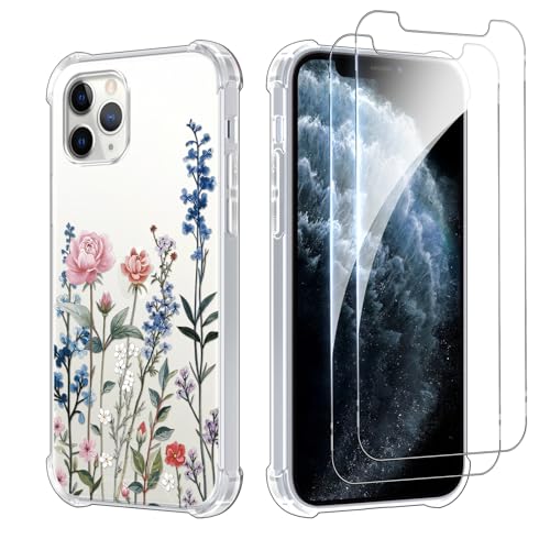 Zrutru Schutzhülle für iPhone 11 Pro Max, 6,3 Zoll (16 cm), mit 2 gehärteten Displayschutzfolien, niedliches Muster, stoßfest, TPU, weich, transparent, für Damen und Mädchen, Blumenmuster, Weiß von Zrutru