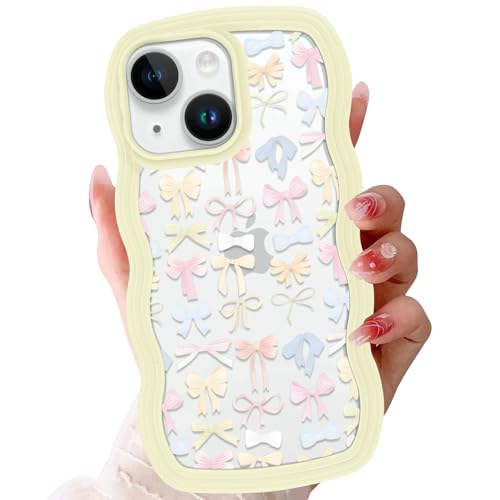 Zrutru Schutzhülle für iPhone 14 / iPhone 13, 15,5 cm (6,1 Zoll), ästhetische Kawaii-Schleife, gewellt, transparent, weich, stoßfest, für iPhone 14, Gelb von Zrutru