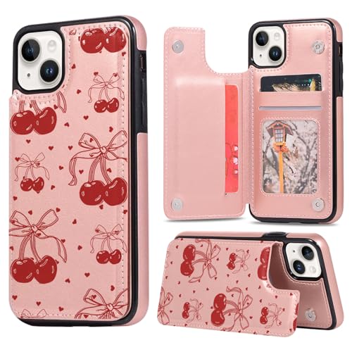Zrutru Schutzhülle für iPhone 14 / iPhone 13, Kartenhalter, niedliche Schleife, Kirschband, Klappetui, Leder, Ständer, für Damen und Mädchen, Roségold, stoßfest, Schutz für iPhone 14/13, 15,5 cm (6,1 Zrutru Schutzhülle für iPhone 14 / iPhone 13, Kartenhalter, niedliche Schleife, Kirschband, Klappetui, Leder, Ständer, für Damen und Mädchen, Roségold, stoßfest, Schutz für iPhone 14/13, 15,5 cm (6,1 von Zrutru