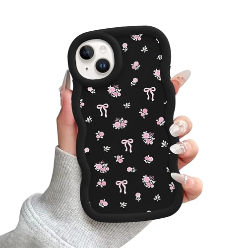 Zrutru Schutzhülle für iPhone 14 / iPhone 13 (15,5 cm) mit hübschem Blumenmuster, gewellt, weiches TPU, stoßfest, für iPhone 14 / iPhone 13, Schwarz von Zrutru