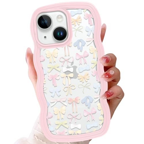 Zrutru Schutzhülle für iPhone 14 / iPhone 13 15,5 cm (6,1 Zoll), Kawaii-Girly-Schleife, ästhetische Schleife, gelockt, gewellt, transparent, schlank, stoßfest, Schutz für iPhone 14, Rosa von Zrutru