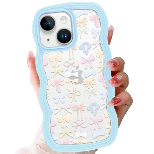 Zrutru Schutzhülle für iPhone 14 / iPhone 13 mit niedlicher Schleife, 15,5 cm (6,1 Zoll), mädchenhafte Schleife, gewellt, transparent, weich, dünn, stoßfest, für iPhone 14, Blau von Zrutru