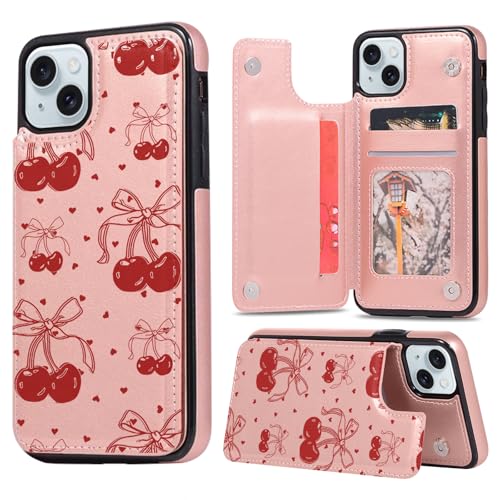 Zrutru Schutzhülle für iPhone 15, Kartenhalter, niedliche Schleife, Kirschband, Klappetui, Leder, Ständer, für Damen und Mädchen, Roségold, stoßfest, Schutz für iPhone 15, 15,5 cm (6,1 Zoll) von Zrutru