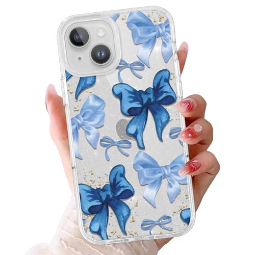 Zrutru Schutzhülle für iPhone 15 mit niedlicher Schleife, 15,5 cm (6,1 Zoll), Kawaii-blaue Schleife, ästhetisch, trendig, glitzernd, klares Design, weich, stoßfest, Schutz von Zrutru