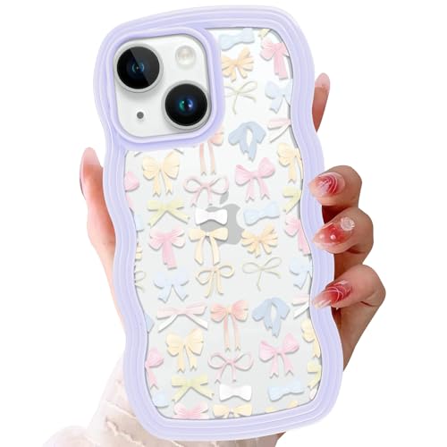 Zrutru Schutzhülle für iPhone 15 mit niedlicher Schleife, 15,5 cm (6,1 Zoll), mädchenhafte Schleife, gewellt, transparent, dünn, stoßfest, weich, Schutzhülle für iPhone 15, Violett von Zrutru