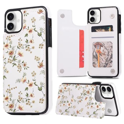 Zrutru Schutzhülle für iPhone 16, Kartenhalter, niedliche Blume, Blumenmuster, ästhetisch, Klappetui, Leder, Ständer, für Damen und Mädchen, Weiß, stoßfest, Schutz für iPhone 16, 15,5 cm (6,1 Zoll) Zrutru Schutzhülle für iPhone 16, Kartenhalter, niedliche Blume, Blumenmuster, ästhetisch, Klappetui, Leder, Ständer, für Damen und Mädchen, Weiß, stoßfest, Schutz für iPhone 16, 15,5 cm (6,1 Zoll) von Zrutru