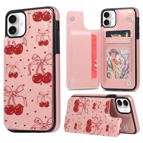 Zrutru Schutzhülle für iPhone 16, Kartenhalter, niedliche Schleife, Kirschband, Klappetui, Leder, Ständer, für Damen und Mädchen, Roségold, stoßfest, Schutz für iPhone 16, 15,5 cm (6,1 Zoll) von Zrutru