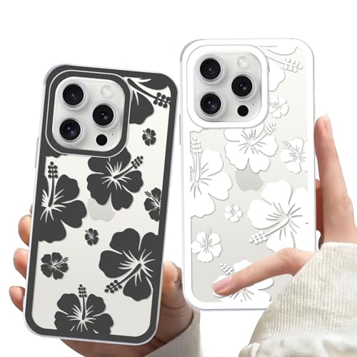 Zrutru Schutzhülle für iPhone 16 Pro Max 17,5 cm (6,9 Zoll), hübsches Blumenmuster, ästhetisch, schwarz-weiß, Hibiskushülle für Damen und Mädchen, transparent, weich, stoßfest, 2 Stück von Zrutru