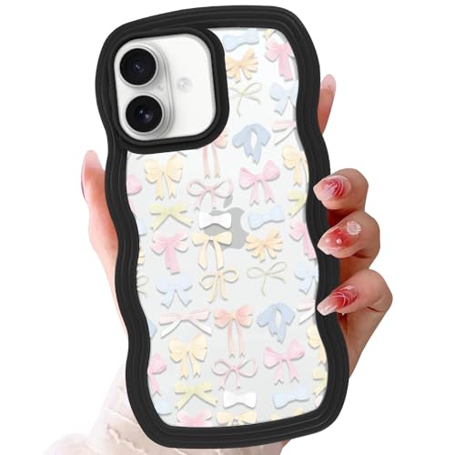 Zrutru Schutzhülle für iPhone 16 mit niedlicher Schleife, 15,5 cm (6,1 Zoll), ästhetische Farbe, Wellenmuster, stilvoll, gewellt, transparent, weich, stoßfest, für iPhone 16, Schwarz von Zrutru