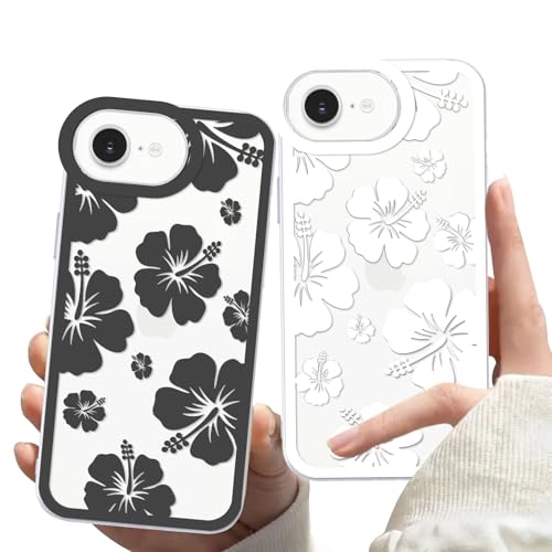 Zrutru Schutzhülle für iPhone 16e mit 15,5 cm (6,1 Zoll), hübsches Blumenmuster, ästhetisch, schwarz-weiß, Hibiskushülle für Damen und Mädchen, transparent, weiches TPU, stoßfest, 2 Stück von Zrutru
