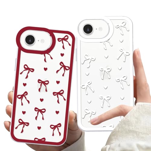 Zrutru Schutzhülle für iPhone 16e mit niedlicher Schleife, transparent, 15,5 cm (6,1 Zoll), rot-weiße Schleife, Herz, ästhetisch, stilvolle Schutzhülle für Damen und Mädchen, weich, stoßfest von Zrutru