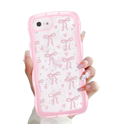 Zrutru Schutzhülle für iPhone SE 2022/SE 2020/8/7, 11,9 cm (4,7 Zoll), Kawaii-Bänder, glitzernde Wellen, Herzen, funkelnde Sterne, gewellt, transparent, weich, stoßfest, Rosa von Zrutru