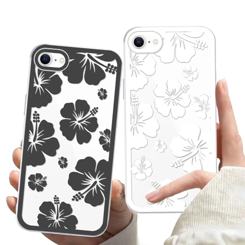 Zrutru Schutzhülle für iPhone SE 2022/SE 2020/8/7, 11,9 cm (4,7 Zoll), hübsches Blumenmuster, ästhetisch, schwarz-weiß, Hibiskus, transparent, weich, stoßfest, 2 Stück von Zrutru