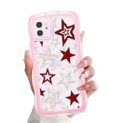 Zrutru Y2K Schutzhülle für iPhone 11, 15,5 cm (6,1 Zoll), niedlicher Stern-Kawaii-Glitzer-Wellen-Schutzhülle für Damen und Mädchen, ästhetisch, glänzend, lockiger Rahmen, transparent, weich von Zrutru