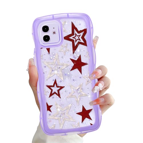 Zrutru Y2K Schutzhülle für iPhone 11, 15,5 cm (6,1 Zoll), niedlicher Stern-Kawaii-Glitzer-Wellen-Schutzhülle für Damen und Mädchen, ästhetisch, glänzend, lockiger Rahmen, transparent, weich von Zrutru