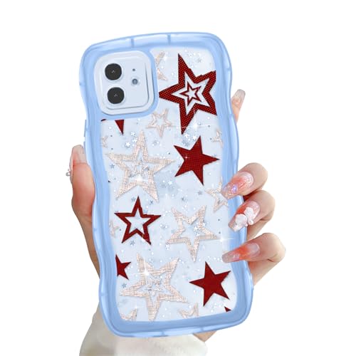 Zrutru Y2K Schutzhülle für iPhone 12, 15,5 cm (6,1 Zoll), niedlicher Stern-Kawaii-Glitzer-Wellen-Schutzhülle für Damen und Mädchen, ästhetisch, glänzend, lockiger Rahmen, transparent, weich von Zrutru