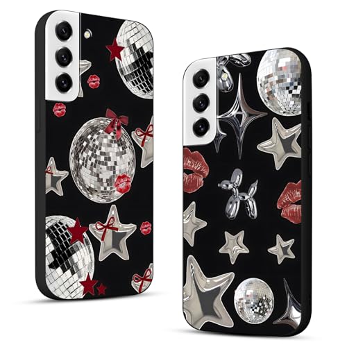 Zrutru Y3K coole Y2K-Handyhülle für Samsung Galaxy S21 FE 5G 16,3 cm (6,4 Zoll), Y3K niedliche Sterne, Kawaii-Schleife, Lippen, Druck, Discokugel, rotes Bandmuster, schwarz, schlanker Schutz, Funda von Zrutru