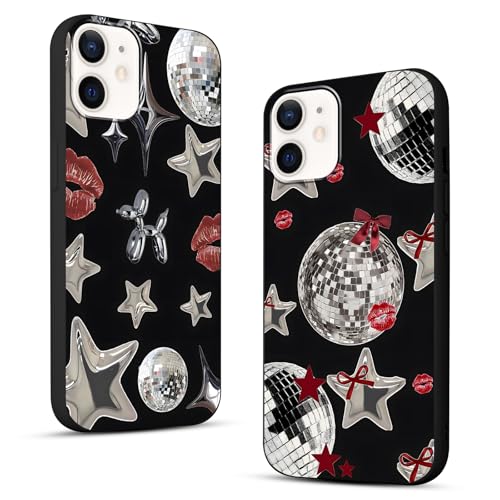 Zrutru Y3K coole Y2K-Handyhülle für iPhone 12/12 Pro 15,5 cm (6,1 Zoll), niedliche Sterne, Kawaii-Schleife, Lippen, Druck, Discokugel, rotes Bandmuster, schwarz, schlanker Schutz, Funda für Damen und von Zrutru