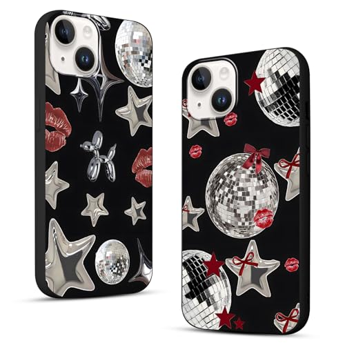 Zrutru Y3K coole Y2K-Handyhülle für iPhone 16 15,5 cm (6,1 Zoll), niedliche Sterne, Kawaii-Schleife, Lippen, Druck, Discokugel, rotes Bandmuster, schwarz, schlanker Schutz, Funda für Damen und von Zrutru