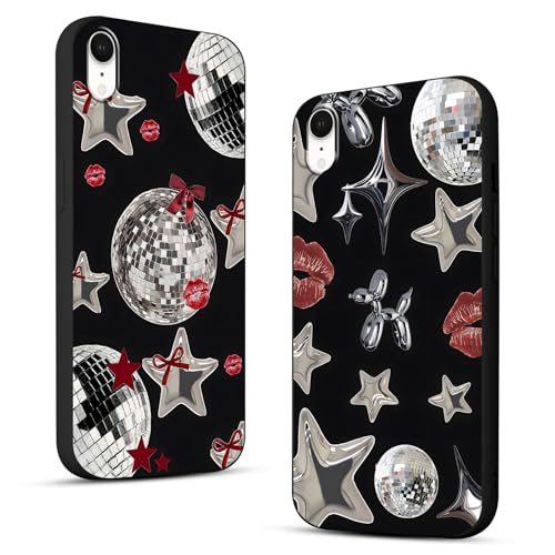 Zrutru Y3K coole Y2K-Handyhülle für iPhone XR 15,5 cm (6,1 Zoll), niedliche Sterne, Kawaii-Schleife, Lippen, Druck, Discokugel, rotes Bandmuster, schwarz, schlanker Schutz, Funda für Damen und von Zrutru