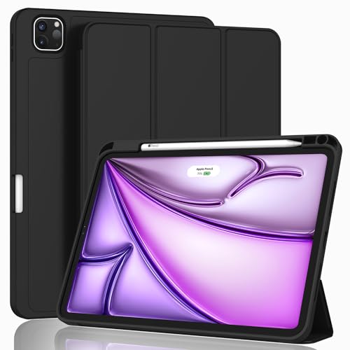 ZryXal Schutzhülle für iPad Air M3 2025/M2 2024 mit Stifthalter, dreifach faltbarer Ständer, intelligente Hülle mit weicher TPU-Rückseite, automatische Wake/Sleep-Funktion, Schwarz von ZryXal