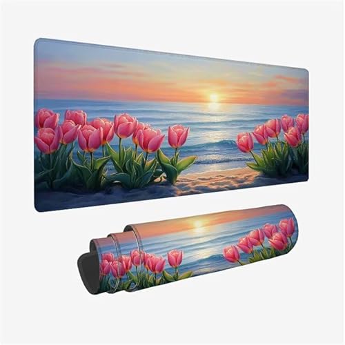 Mauspad Tulpe Schreibtischunterlage Strand Mousepad XXL 900x400X0.3MM, Wetterfest Mauspad Gaming Zubehör mit Rutschfeste Gummibasis, Mouse Pad Schreibtisch Zubehör für Office Deko Gifts, Model-8257 von Zsoxooll