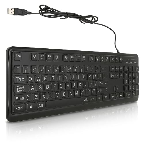 Große Letter-Print-Tastatur, 104 Tasten Standard-USB-Tastatur mit Kabel, LED, einstellbare Hintergrundbeleuchtung in voller Größe, für ältere Menschen, Sehbehinderte, reichhaltige Multimedia-Tasten von Zunate