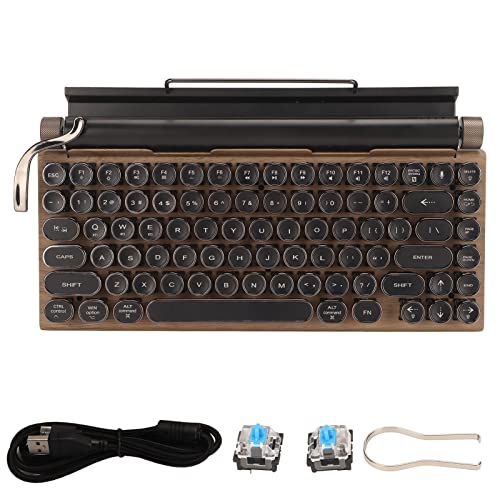 Schreibmaschinentastatur, Mechanische Retro-Tastatur mit 83 Tasten und Runder Metallkappe, Bluetooth 5.0-Verbindung für Mehrere Geräte, für Desktop-PC, Laptop, für IOS und für (Farbe der Holzmaserung) von Zunate