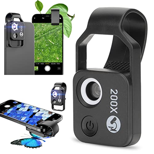 Telefon-Makroobjektiv, 200-fach-Mikroskop mit LED-Licht CPL, Clip-Taschenmikroskop, Kompatibel für IOS und für Android-Smartphones, Microworld für Kinder und Erwachsene (Schwarz) von Zunate