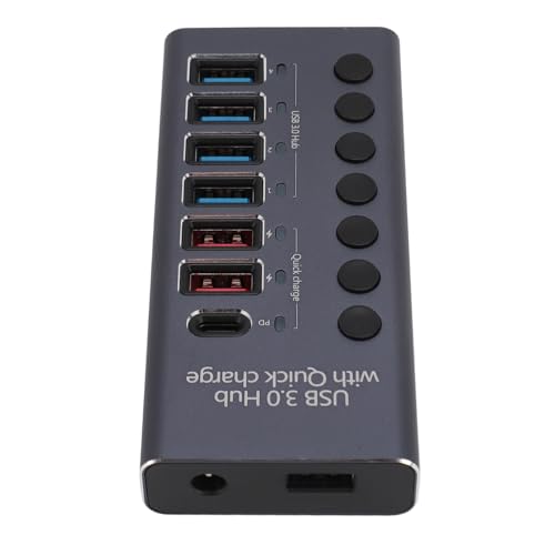 USB 3.0-Hub mit 7 Anschlüssen, USB-Daten-Hub-Splitter mit USB 3.0 X 4, USB 3.0-Aufladung X 2, PD X 1, USB-Multiport-Adapter Kompatibel mit Laptop, PC mit Netzteil und (EU-Stecker) von Zunate