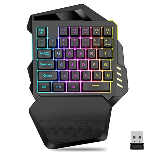 Zunate RGB-Einhand-Gaming-Tastatur, Kabellose 2,4-G-Gaming-Tastatur, Bunte Hintergrundbeleuchtung mit Handballenauflage, Ergonomische 35 Tasten für PC-Gamer von Zunate