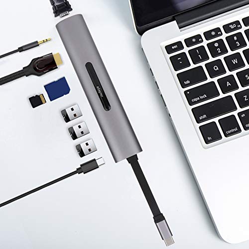 Zunate USB C-Dockingstation, Typ-C-Hub-Dongle-Adapter für 4K-HDMI, 1080P-VGA, 3 * USB3.0, 3,5-mm-Audio, Lesen der Speicherkarte, USB-C-PD, für Laptop, Tablet, Mobiltelefon (THV901) von Zunate