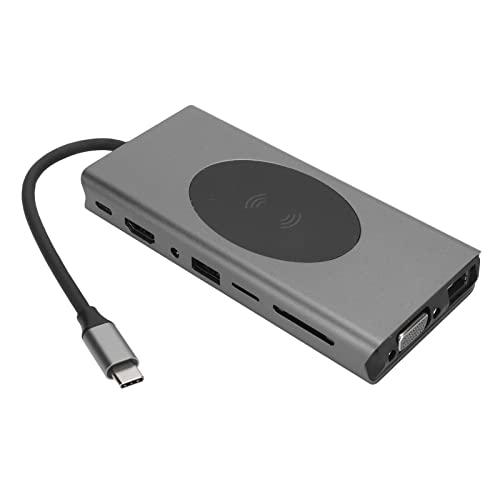 Zunate USB C Hub, 15 in 1 Typ C Hub mit 4K HDMI, VGA, Kabellosem Laden, RJ45, 3,5 mm Audio, SD und TF Lesegerät, Tragbare Dockingstation für PC Laptop von Zunate