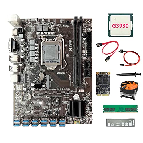 Zunedhys B250C ETH Miner Motherboard 12USB3.0+G3930 CPU+LüFter+DDR4 4GB RAM+128G SSD+SATA Kabel+Switch Kabel+WäRmeleitpaste+Schallwand von Zunedhys