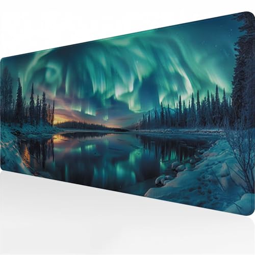 Gaming Mauspad XXL 600x300x3 mm Mousepad Groß Verlängertes Schreibtischunterlage mit rutschfeste Gummimatte und genähten Kanten für Tastatur, PC und Laptop (Grüne Aurora) von Zuooyi