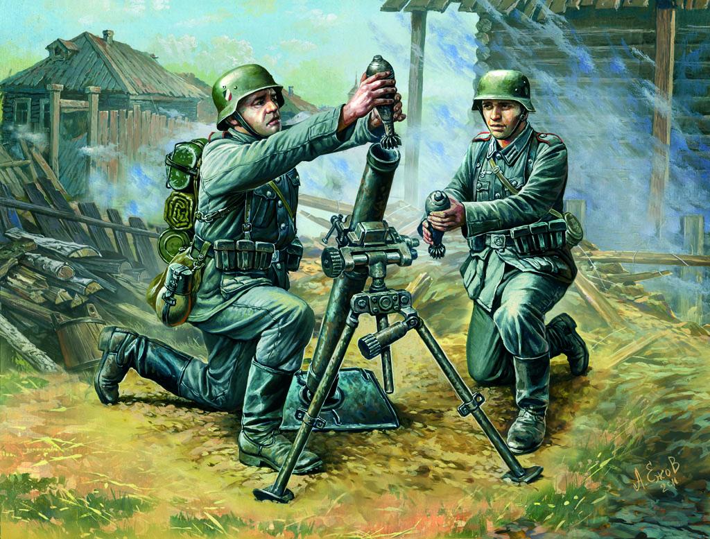 WWII Deutscher 81-mm Mörser mit Mannschaft von Zvezda