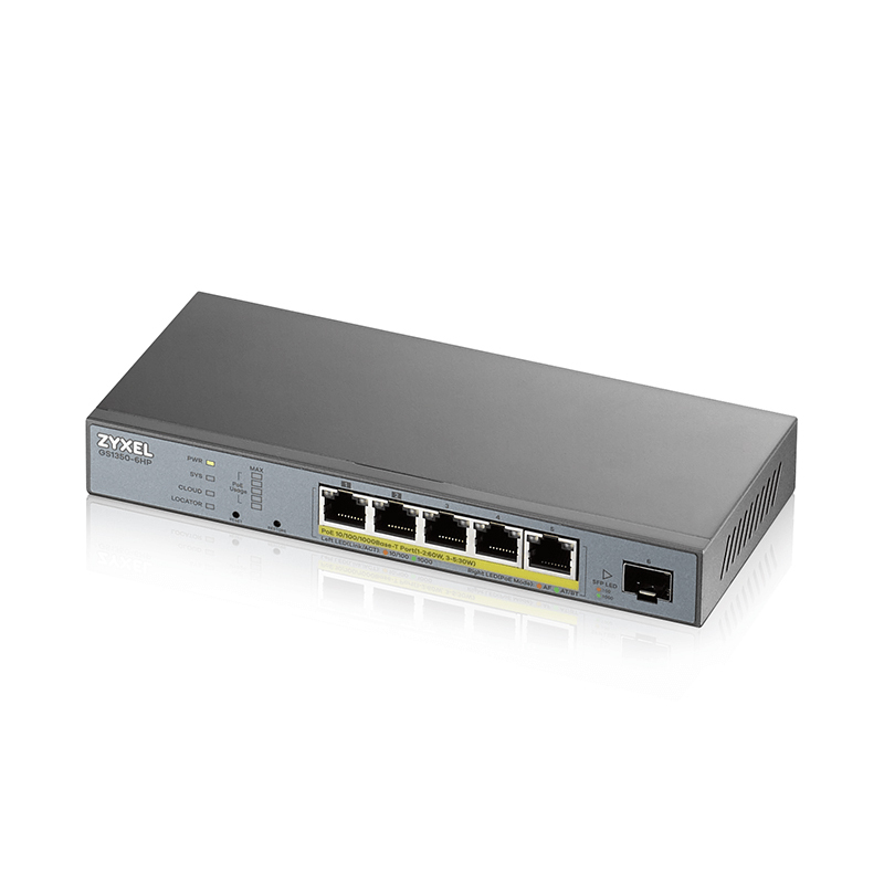 Zyxel GS1350-6HP Smart Managed Switch 5x Gigabit Ethernet (3x PoE+/2x PoE++ max. 60 Watt), 1x SFP, Long Range, inkl. 1 Jahr Nebula Pro von Zyxel