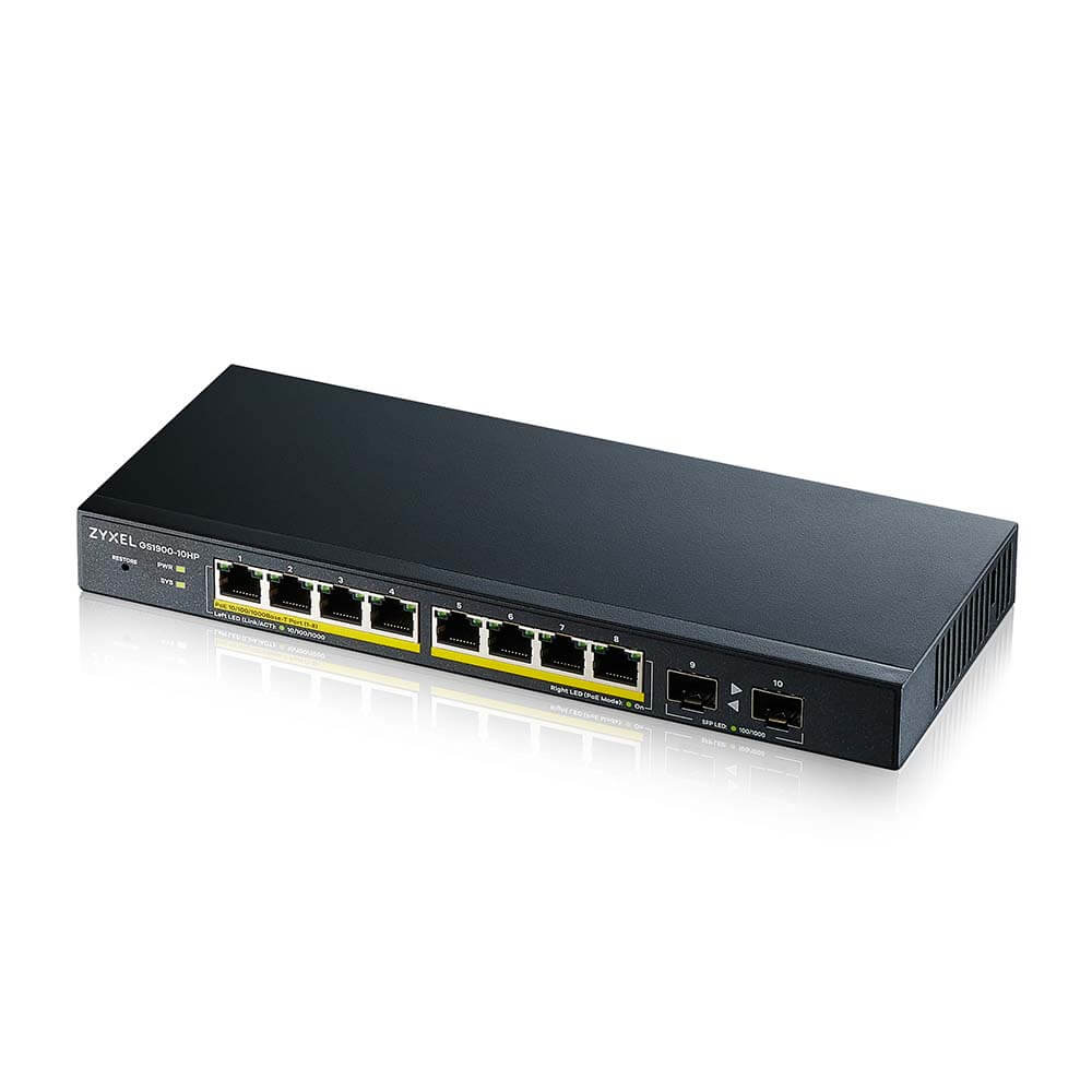 Zyxel GS1900-10HP V2 Smart Managed Switch 8x Gigabit Ethernet (8x PoE+ max. 77 Watt), 2x SFP, Layer 2, Desktop, Lüfterlos von Zyxel