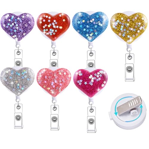 Abamilaka Bling Heart einziehbare Krankenschwester-Abzeichen-Spule, 6 Stück, niedlicher Glitzer, für Krankenpfleger, Studenten, medizinisches Abzeichen, Zubehör, glitzerndes Acryl, CNA RN von abamilaka