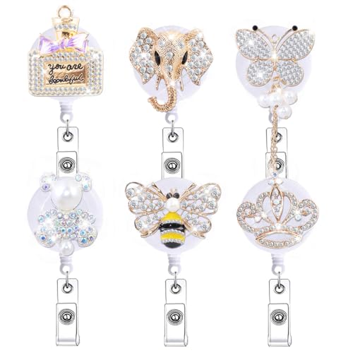 Abamilaka Glitzernde einziehbare Krankenschwester-Abzeichen-Spule, niedlicher Krankenschwester-Halter, Strass, Kristall, Biene, Schmetterling, Elefant, Krone, Abzeichen-Clip, Zubehör, Bling von abamilaka