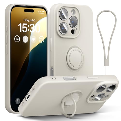 ABITKU Schutzhülle für iPhone 16 Pro mit Ringständer, Flüssigsilikon, schlankes Design, magnetische Autohalterung (mit Handschlaufe), Handyhülle für iPhone 16 Pro 6,3 Zoll, weißer Stein von abitku